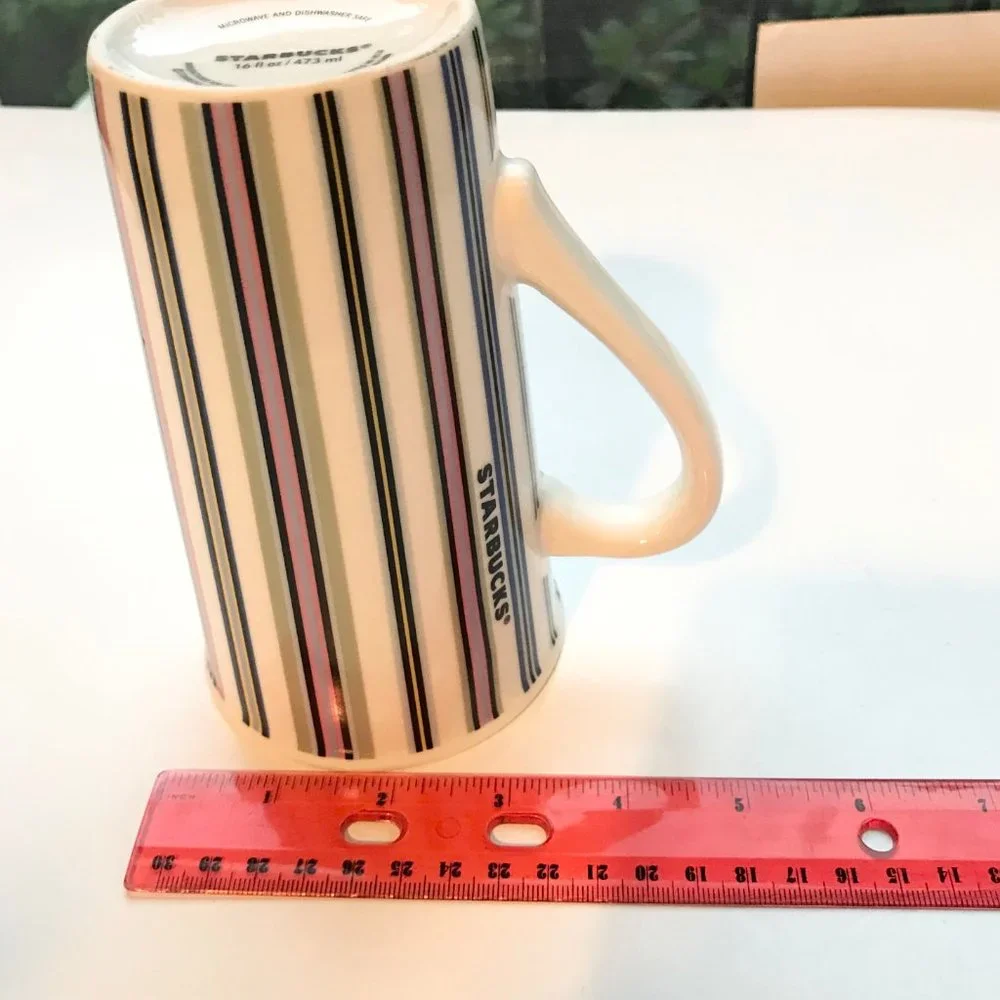 Starbucks Tall Ceramic Candy Striped Coffee Mug Cup Green Pink Blue Yellow